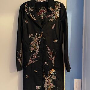 Johnny Was Black Jacket with Gold, Green and Red Floral and Bird Embroidery